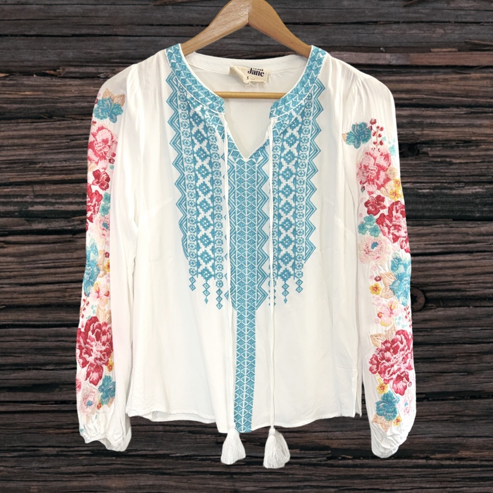 Savanna Jane White Blouse with Blue and Pink Embroidery